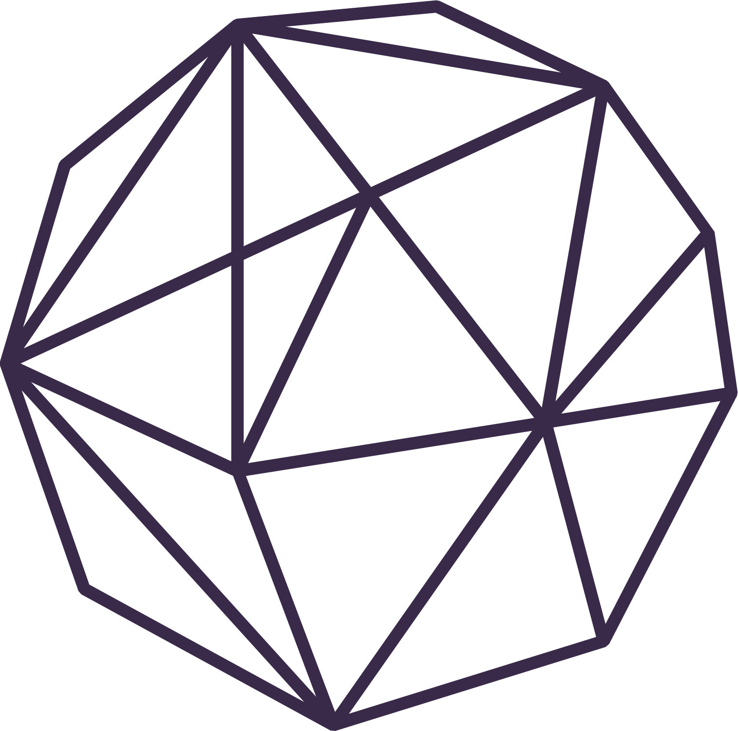 Outline of a multifaceted gemstone, drawn with purple lines on a black background.