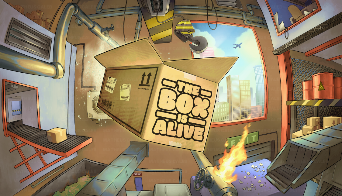 A cartoon-style illustration depicting an industrial warehouse with a large hanging box labeled 'The Box is Alive' in bold letters. The box appears to be alive, with a lively and animated environment. The scene includes conveyor belts, a burning barrel, a cityscape visible through the large window, and various pieces of equipment and pipes, suggesting a chaotic and lively atmosphere.
