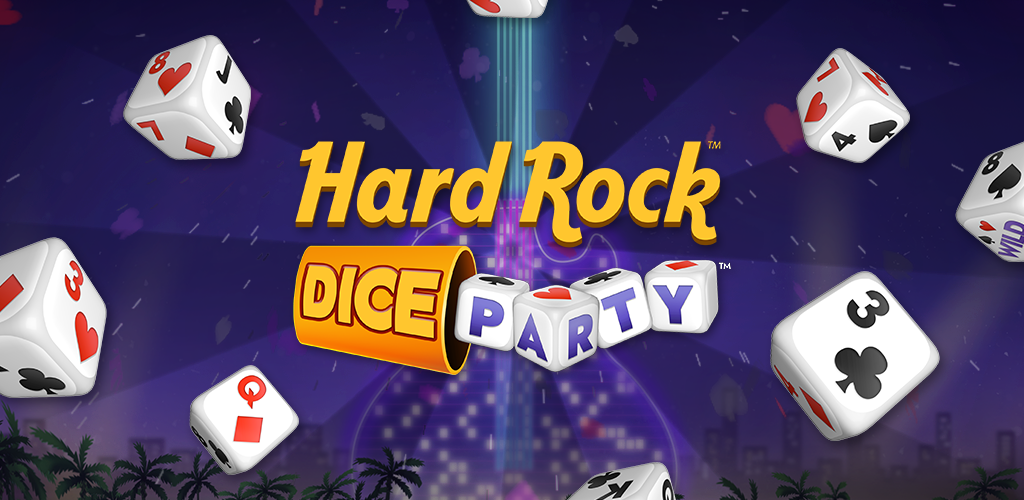 Promotional graphic for Hard Rock Dice Party featuring animated dice floating around the text in a neon-lit cityscape with palm trees at the bottom.