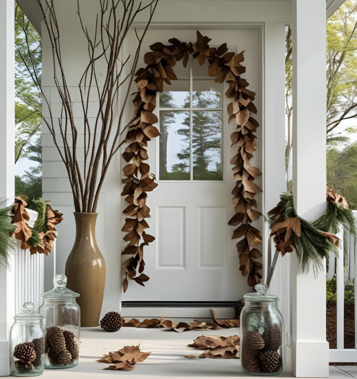 Festive fall decorations on porch with brown leaf garlands, pinecones, and dried leaves; large beige vase with twigs; glass jars with pinecones; window with trees outside.