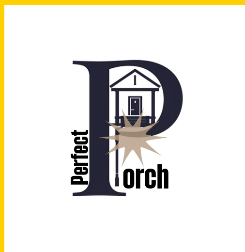 Logo for Perfect Porch featuring a large letter 'P' with a porch and door inside, a starburst element, and the words 'Perfect' and 'Porch'