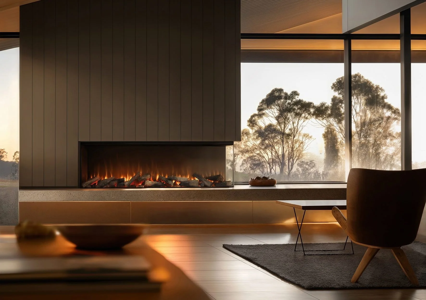 Modern electric fireplace installed in a contemporary living room in Victoria