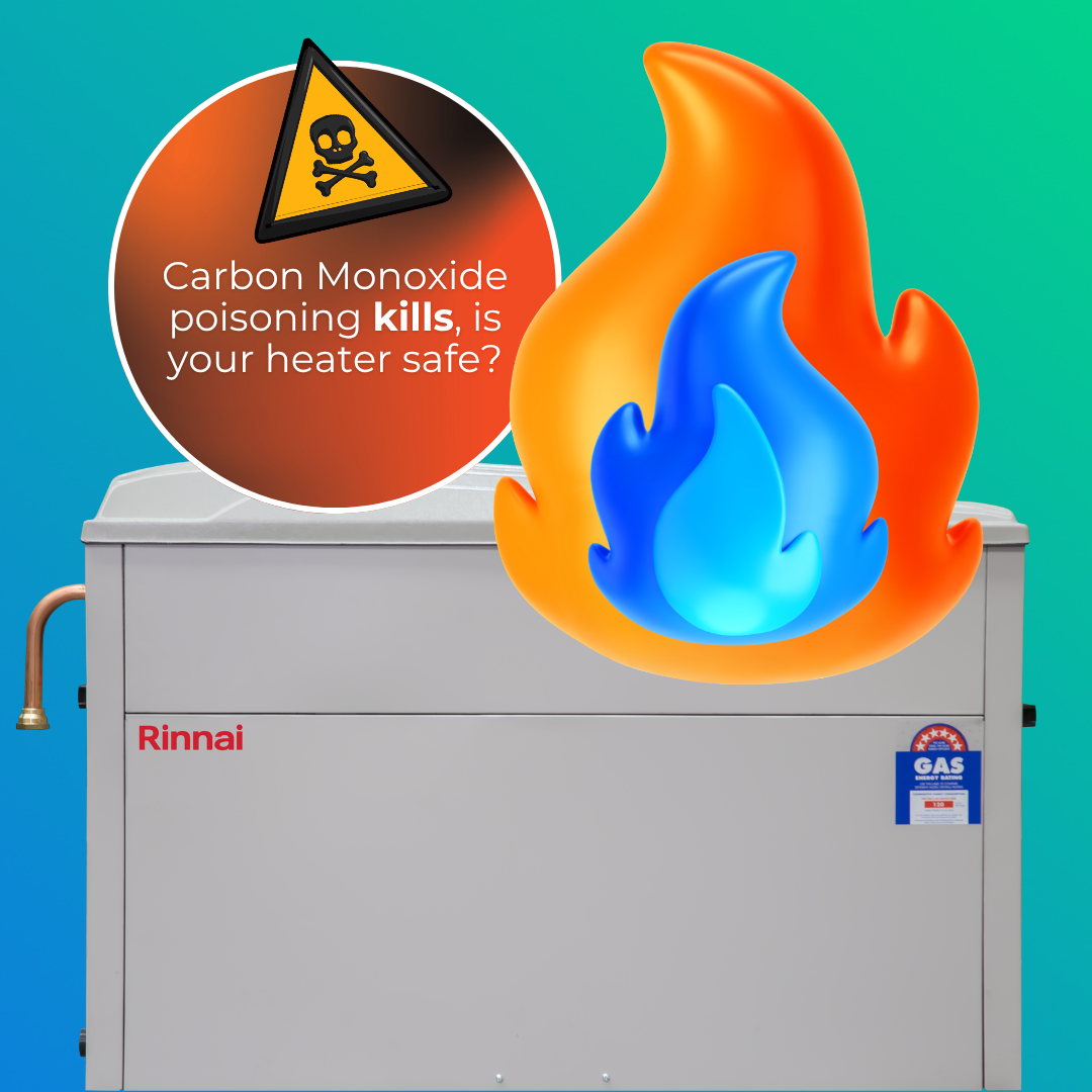 Gas heater with carbon monoxide warning graphic highlighting importance of heating service