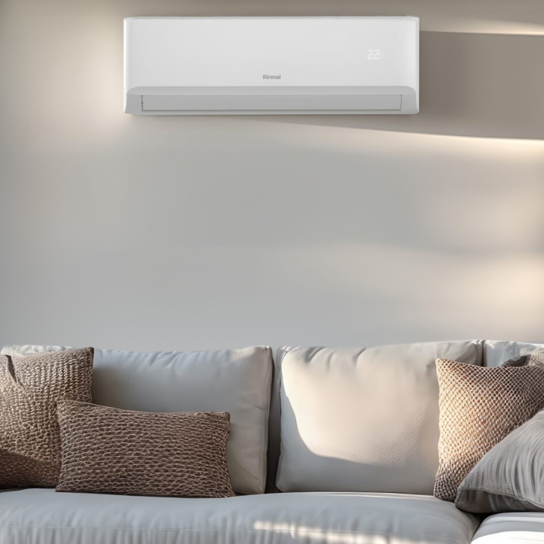 Wall-mounted split system air conditioner installed above sofa in modern home