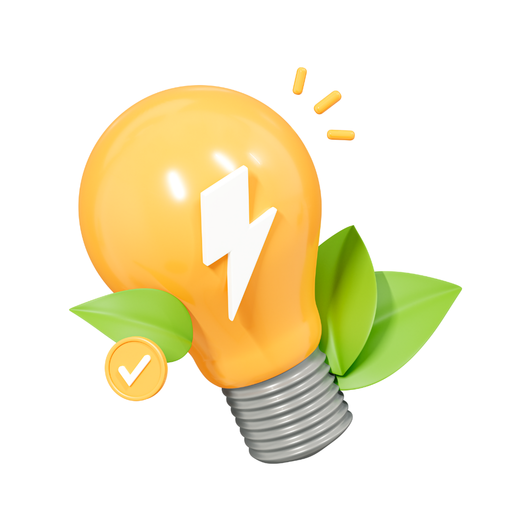 A glowing orange light bulb with a white lightning bolt symbol on it, green leaves around its base, and a small checkmark badge on the lower left.