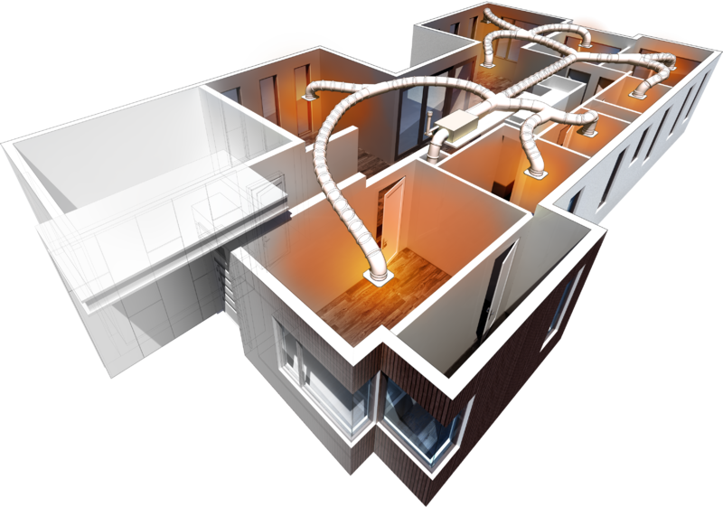 Cutaway house diagram showing gas ducted heating system distributing warm air through ceiling ducts into multiple rooms.