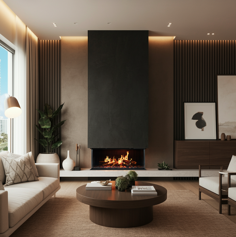 Built-in electric fireplace installed in a modern feature wall