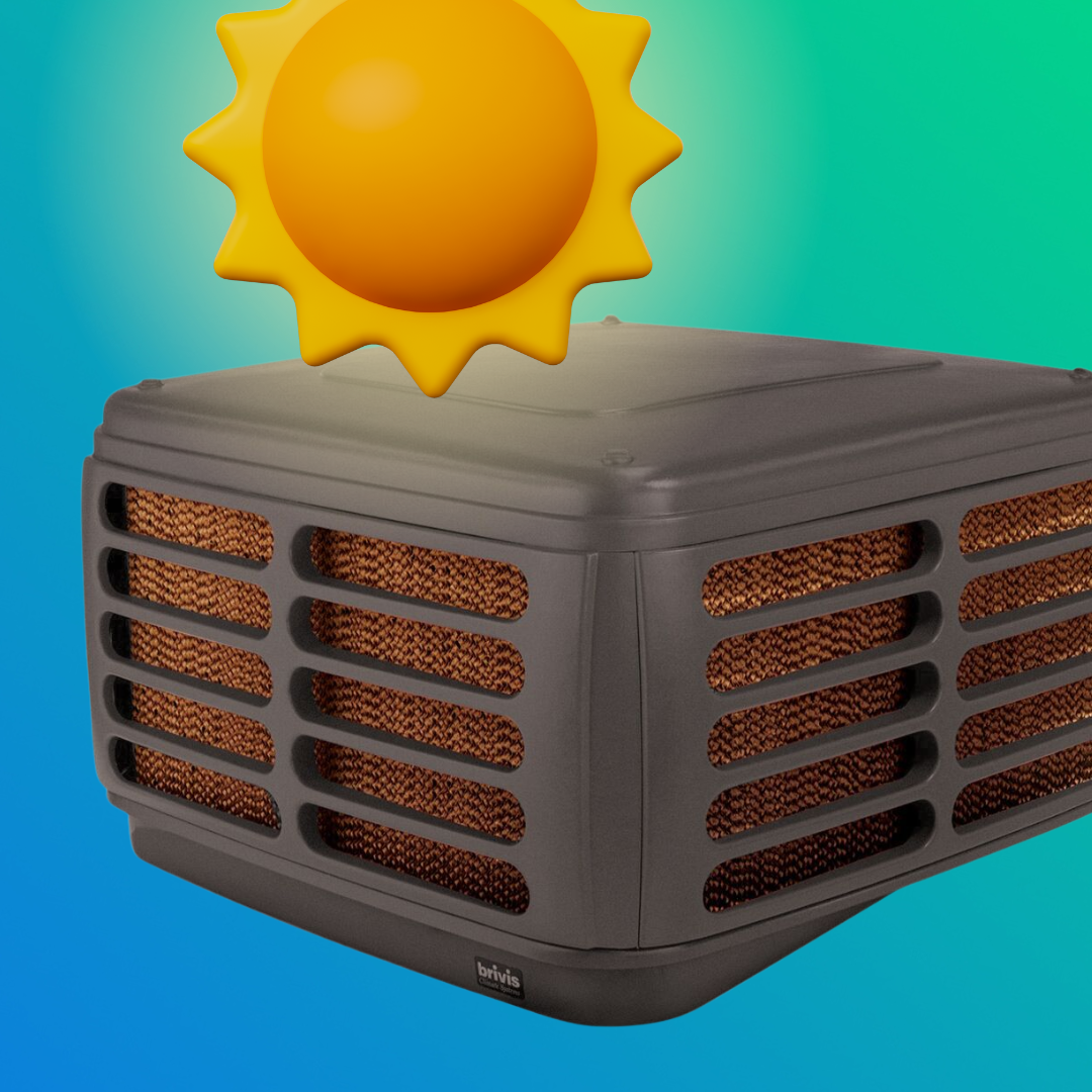 Portable space heater with a large yellow sun icon above it.