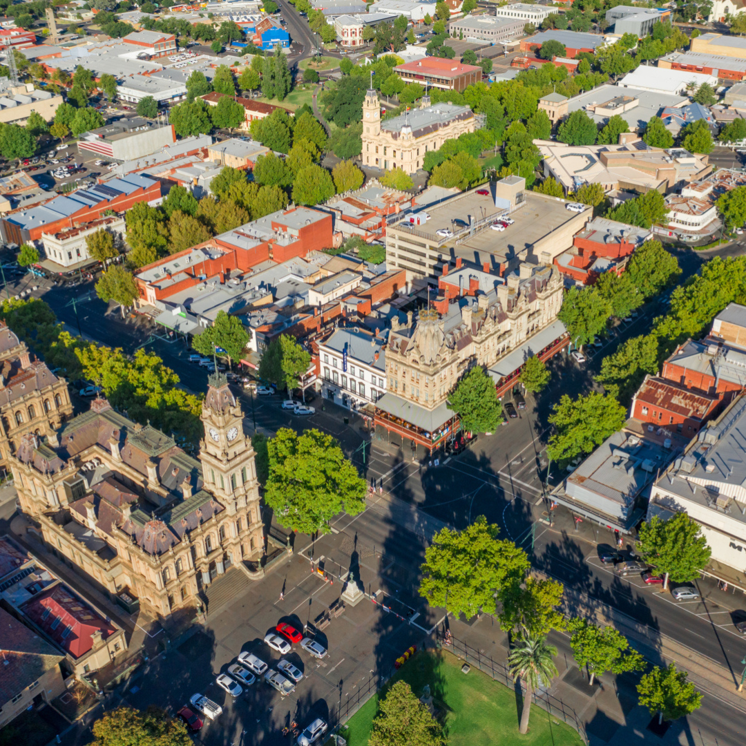 Aerial view of Bendigo city centre in Victoria