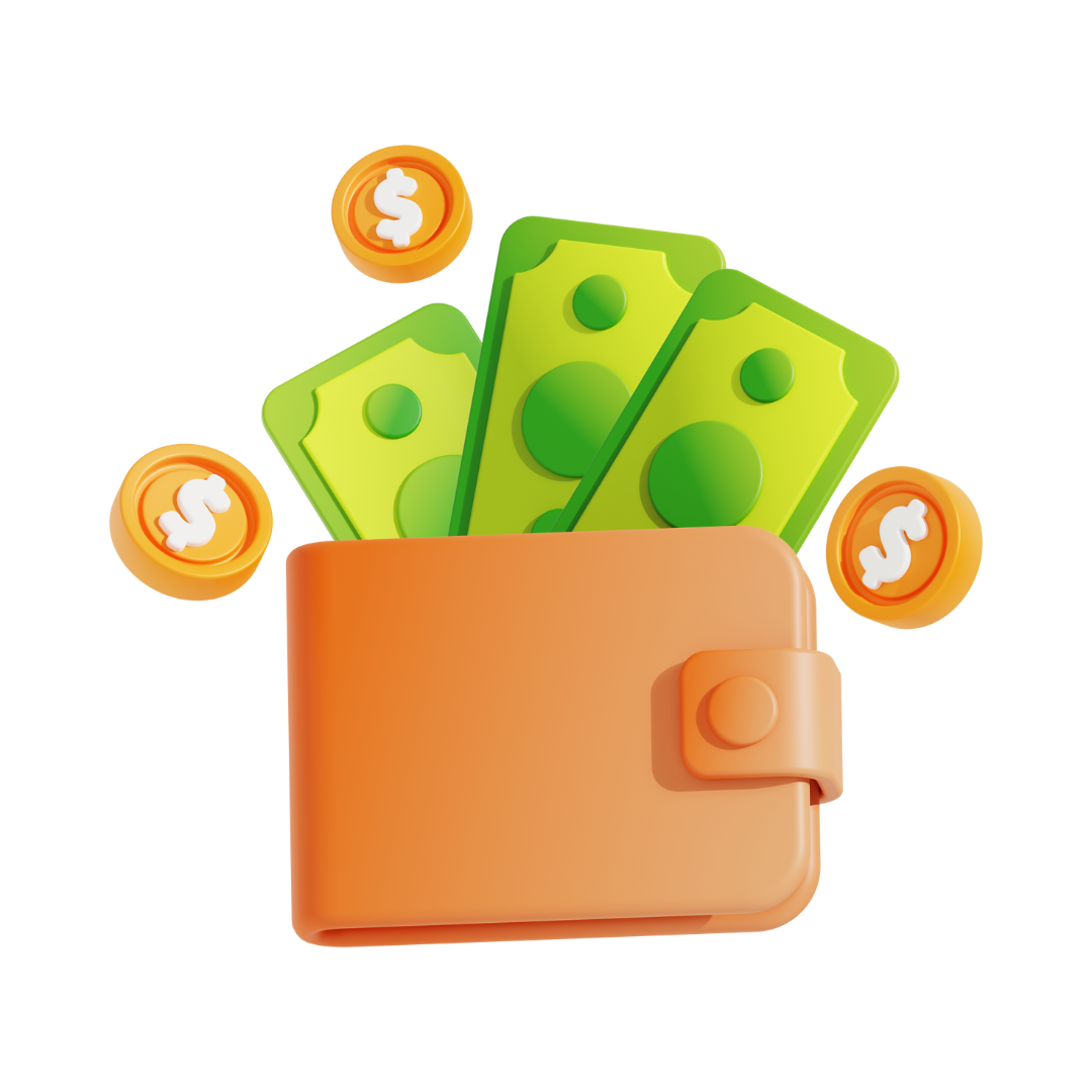 A digital illustration of a tan wallet with cash and coins spilling out, featuring green bills with circular designs and gold coins with dollar signs.