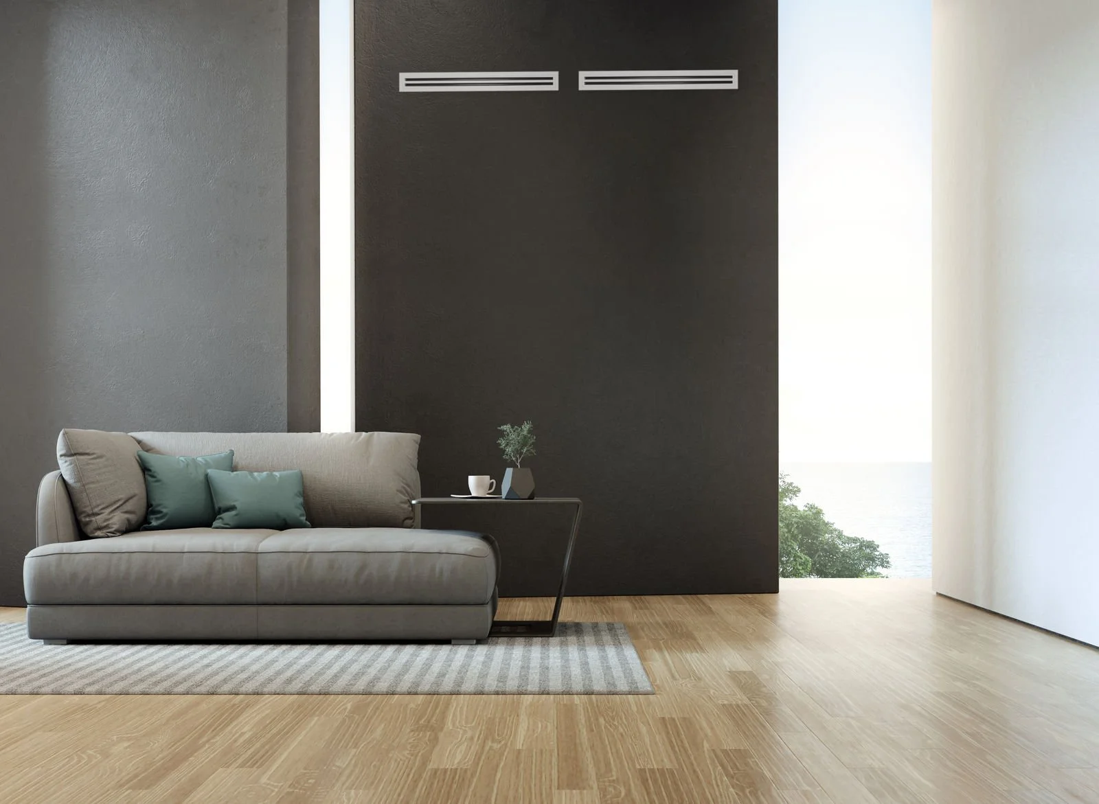 Ceiling vents from ducted air conditioning system in modern living room