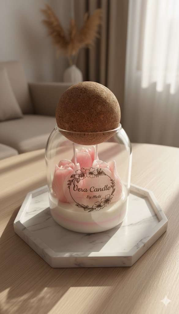 A decorative jar with pink and white candles, topped with a round brown object, labeled "Vera Candle by Meli," on a white marble tray on a wooden table in a cozy, softly lit room.