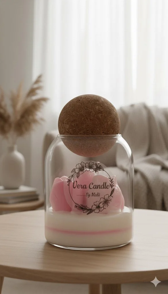 A decorative candle arrangement with pink and white wax, topped with a large brown sphere, in a clear glass container labeled "Vera Candle by Maki" on a wooden table in a bright room with white curtains and a beige sofa.