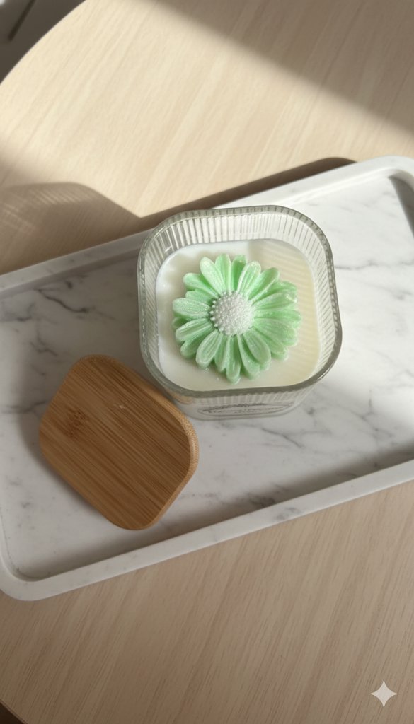 A glass container with a green and white flower-shaped decorative object on top, placed on a marble tray on a wooden surface.