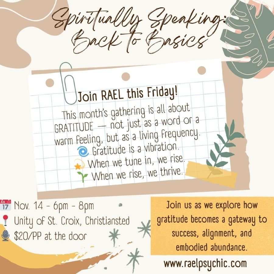 Come join the conversation! Let your gratitude lead the way. Come as you are - leave inspired!
#SpirituallySpeaking #BackToBasics #GratitudeFrequency #RaiseYourVibration #SpiritualSuccess #EmbodiedAbundance #ConsciousCommunity #raelreddickpsychic