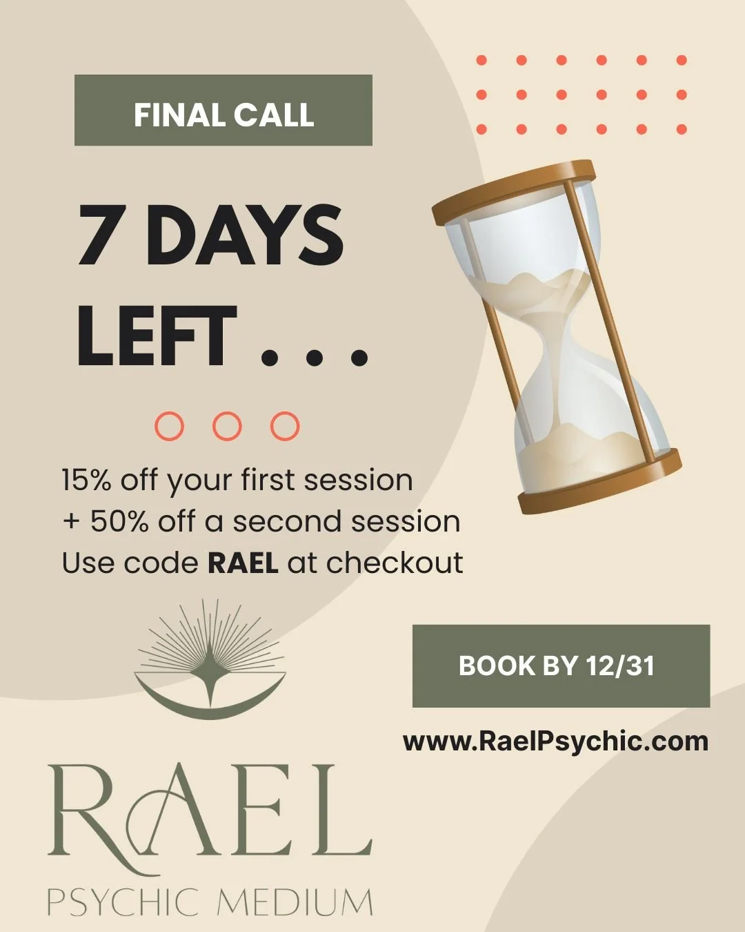 ✨ Only 1 Week Left! ✨
My biggest offer ever is almost gone.
Enjoy up to 50% OFF any service &mdash; but don&rsquo;t wait.
Your first appointment must be scheduled by 12/31 to lock in these savings.
Step into the new year feeling renewed, aligned, and