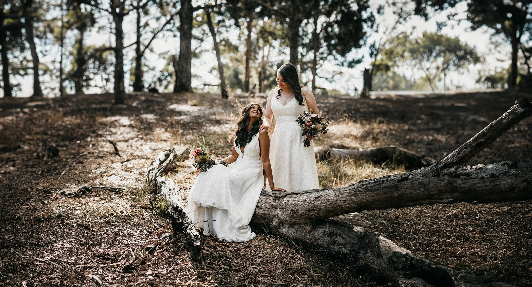 Two women in wedding dresses with bouquets in a wooded outdoor setting, one sitting on a fallen log and the other standing nearby, surrounded by trees and natural light.