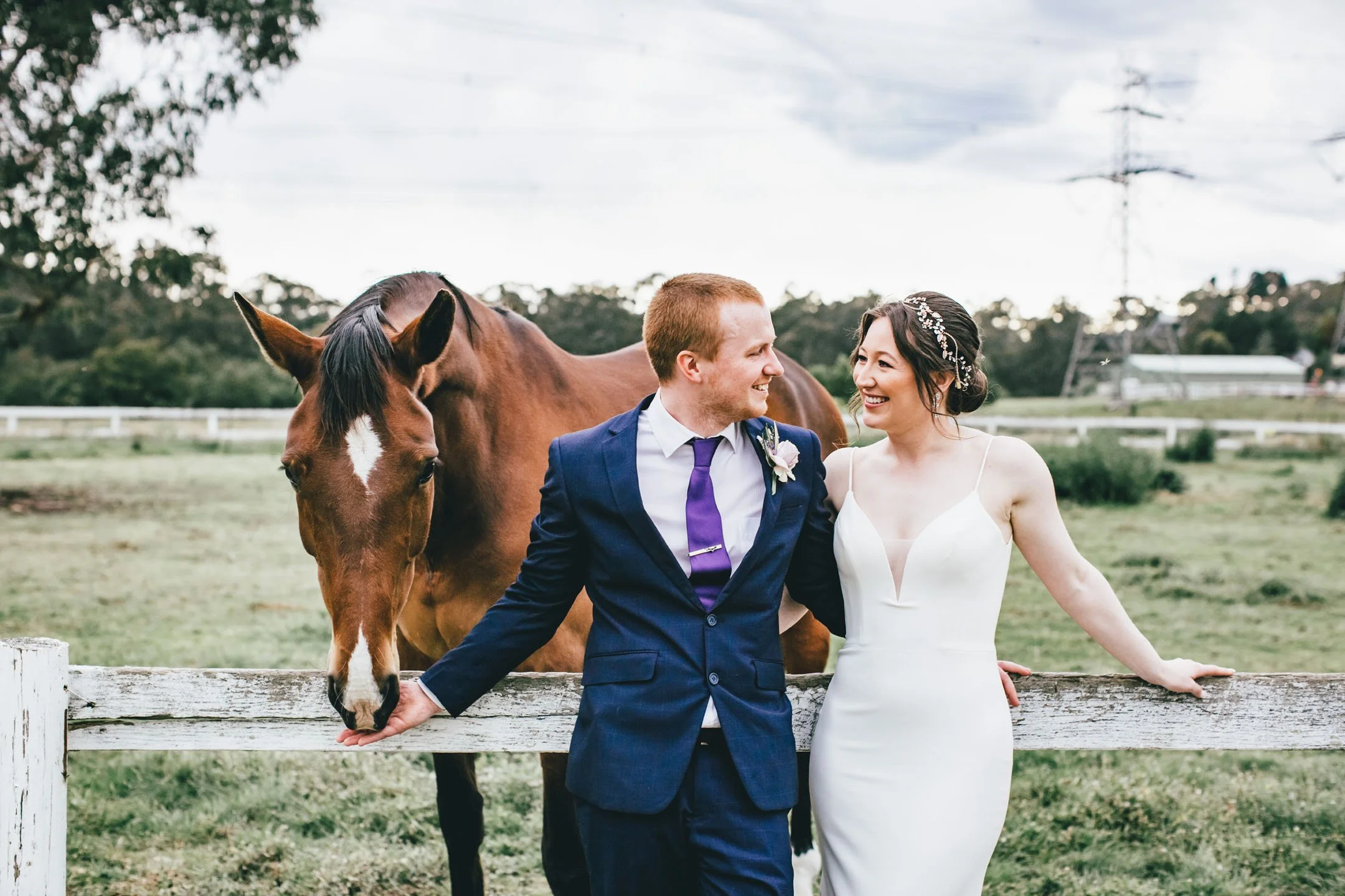 A wedding couple standing next to a brown horse behind a white wooden fence, outdoors in a rural setting during daytime.