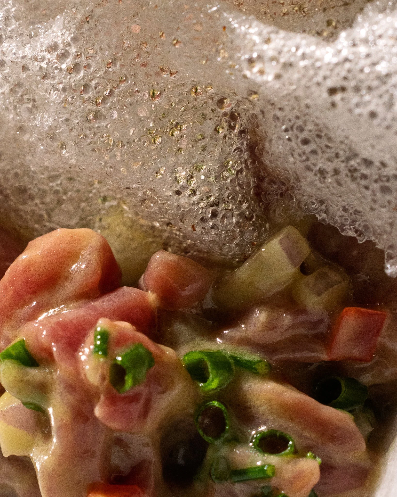 Close-up of food with foam or bubbles on top, including chopped vegetables like green onions and possibly chicken or seafood.
