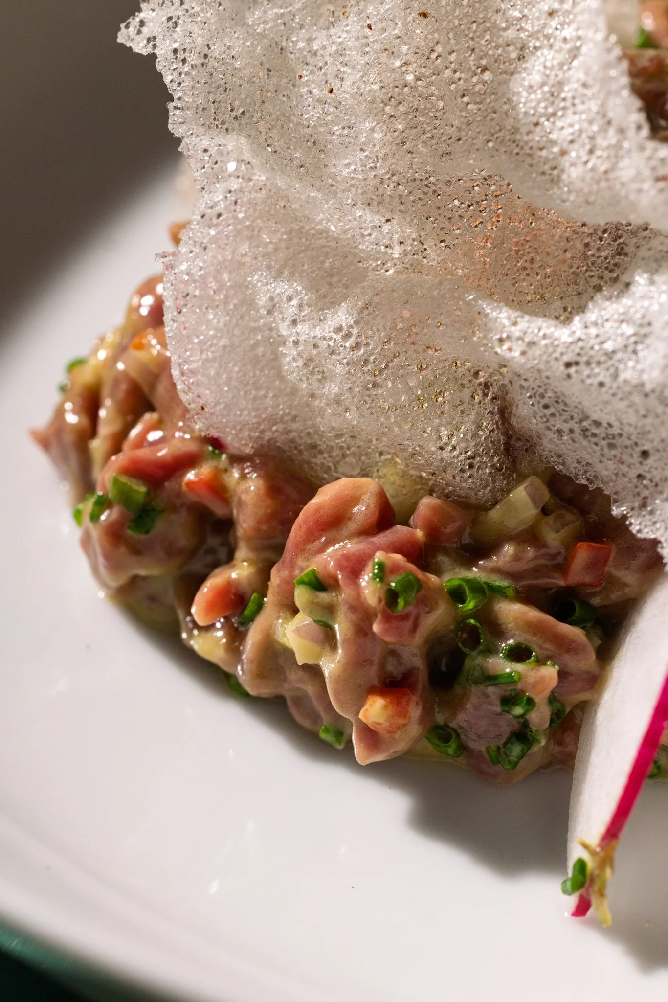Close-up of a dish with chopped raw fish, finely diced vegetables, green onions, and topped with foamy substance on a white plate.