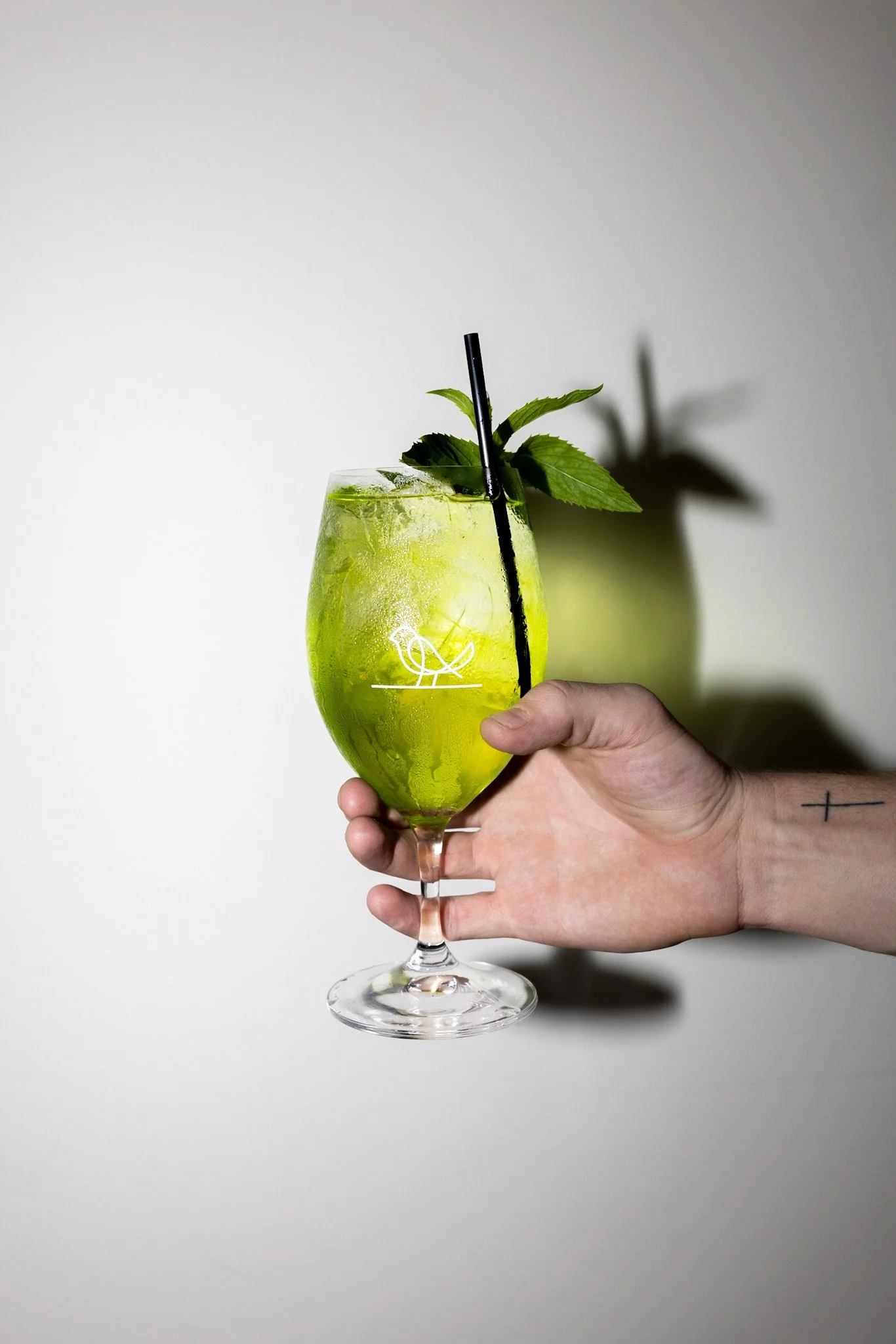 Hand holding a green cocktail with mint leaves and a straw, casting a shadow on a white wall background.