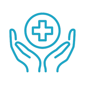 Outline of two hands cupping a medical cross inside a circle, symbolizing healthcare or medical care.