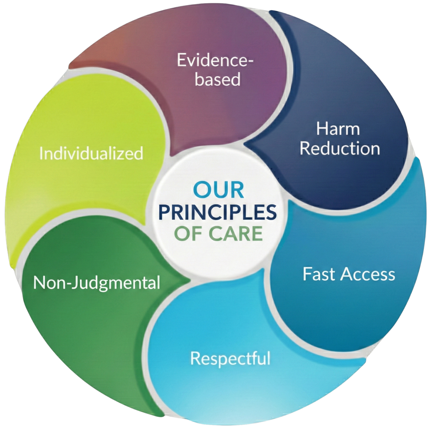 A circular diagram titled 'Our Principles of Care' with segments labeled evidence-based, harm reduction, fast access, respectful, non-judgmental, and individualized.