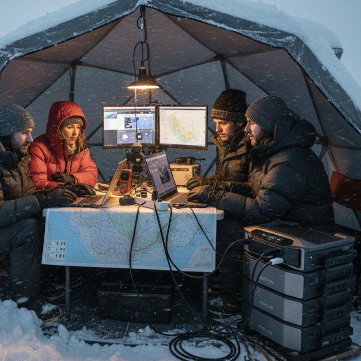  EcoFlow DELTA Pro Ultra powering a high-altitude expedition basecamp inside a geodesic dome tent, providing reliable energy for electronics and lights in extreme cold and snow. 