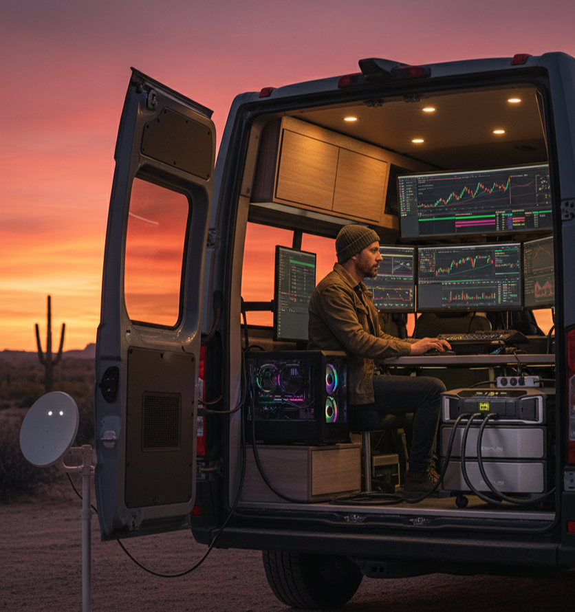  Digital nomad's off-grid workstation with multiple monitors and Starlink, powered by an EcoFlow DELTA Pro Ultra inside a camper van during a desert sunset. 