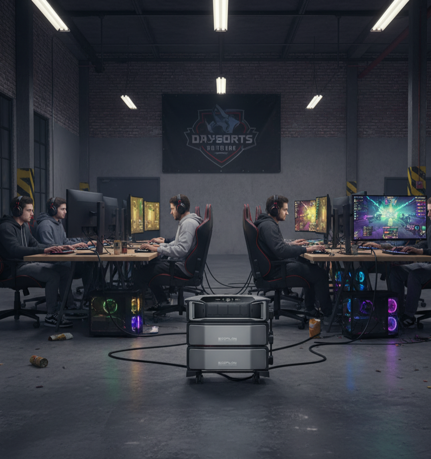  EcoFlow DELTA Pro Ultra silently powering multiple high-performance gaming PCs and monitors at a pop-up e-sports tournament in a warehouse. 