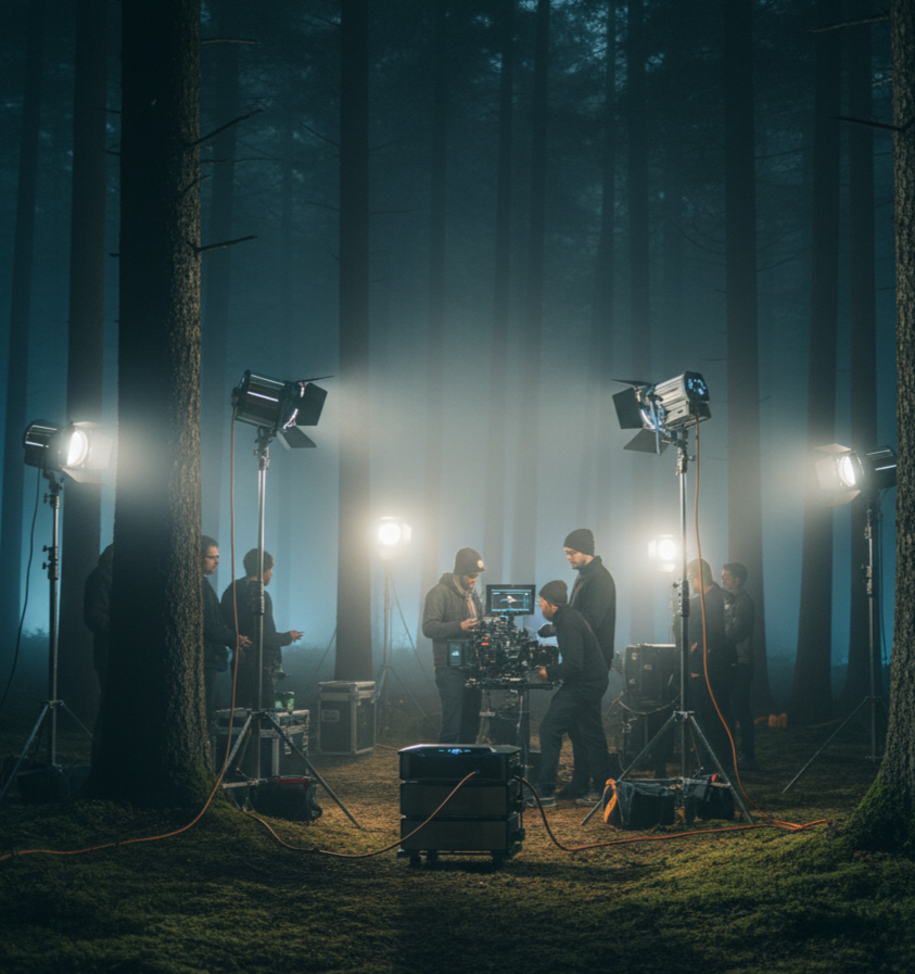  EcoFlow DELTA Pro Ultra silently powering a professional film set with multiple cinema lights in a remote, dark forest at night. 