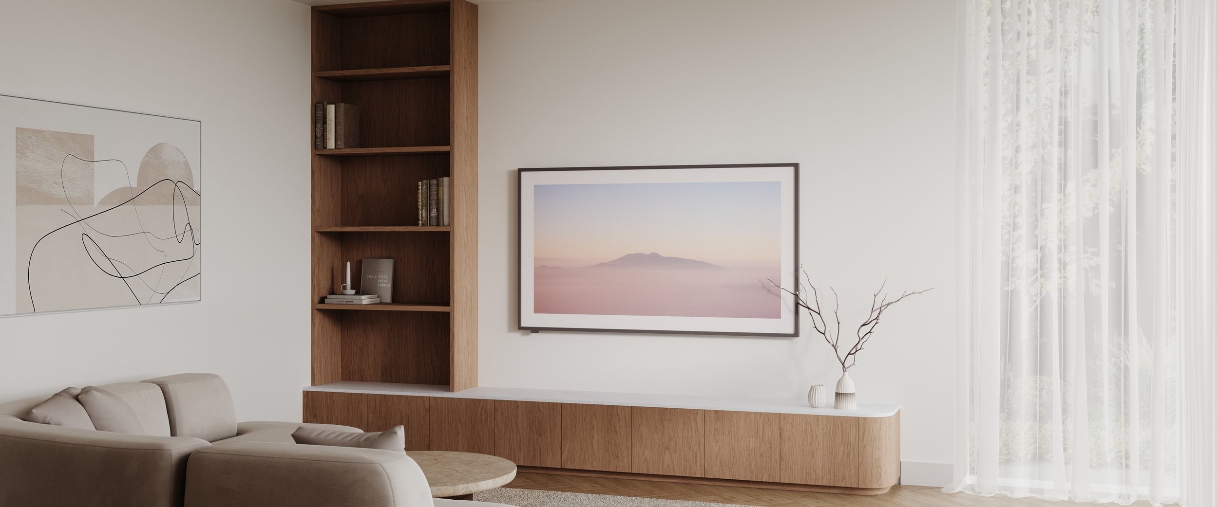 Timbergrain entertainment unit with curves and open shelving