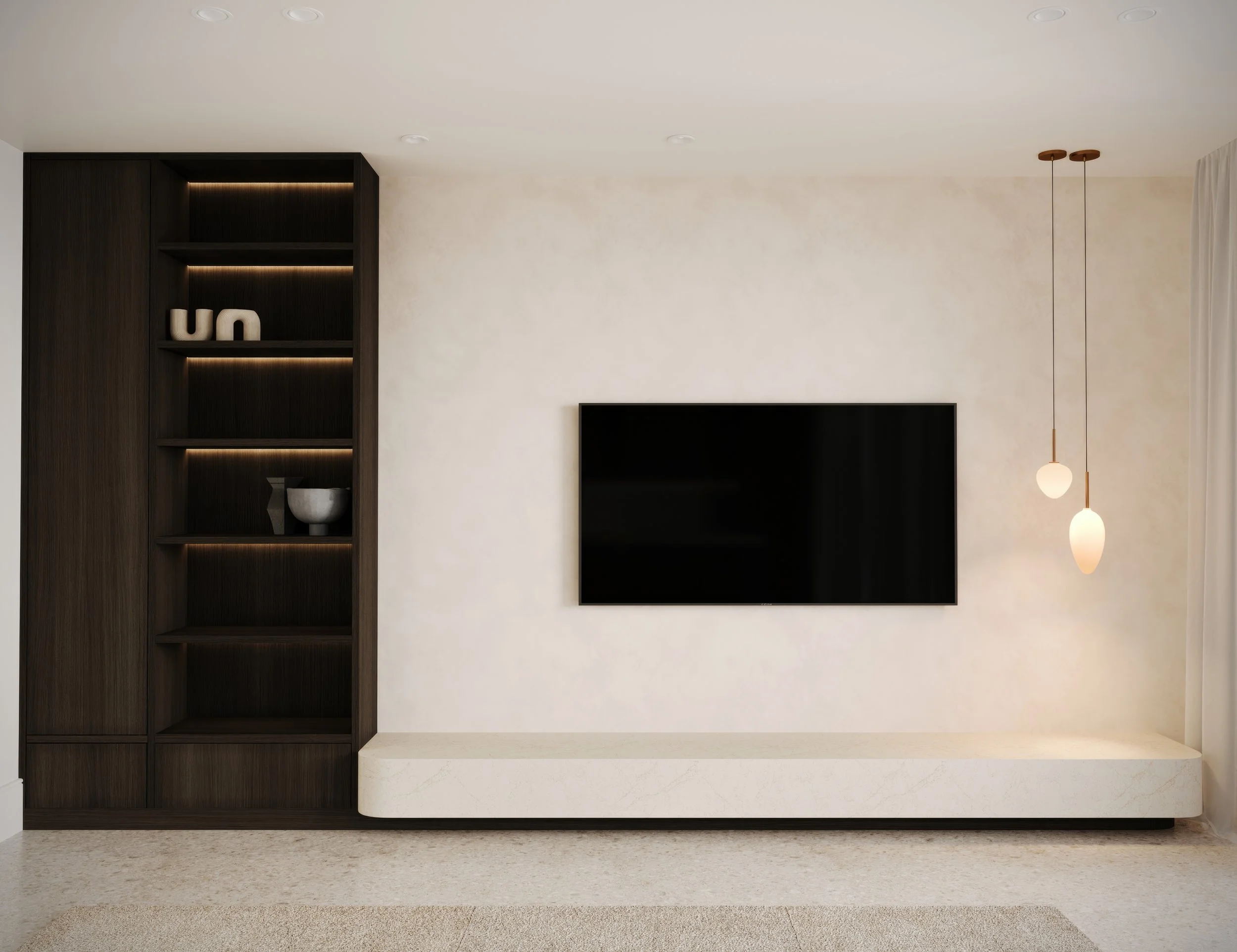 Entertainment unit with stone bench and dark timbergrain cabinetry