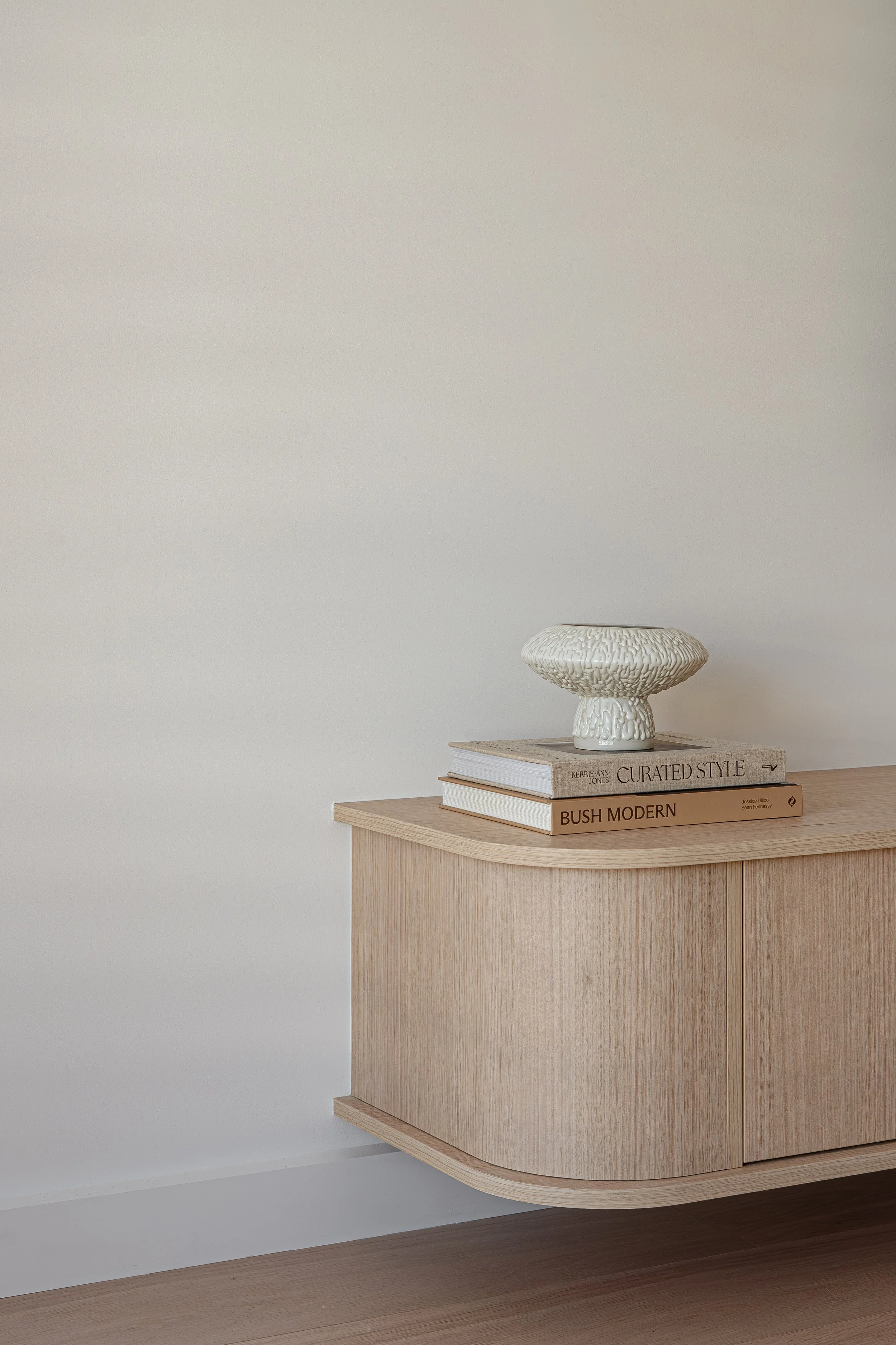 Timbergrain entertainment unit curved end. 