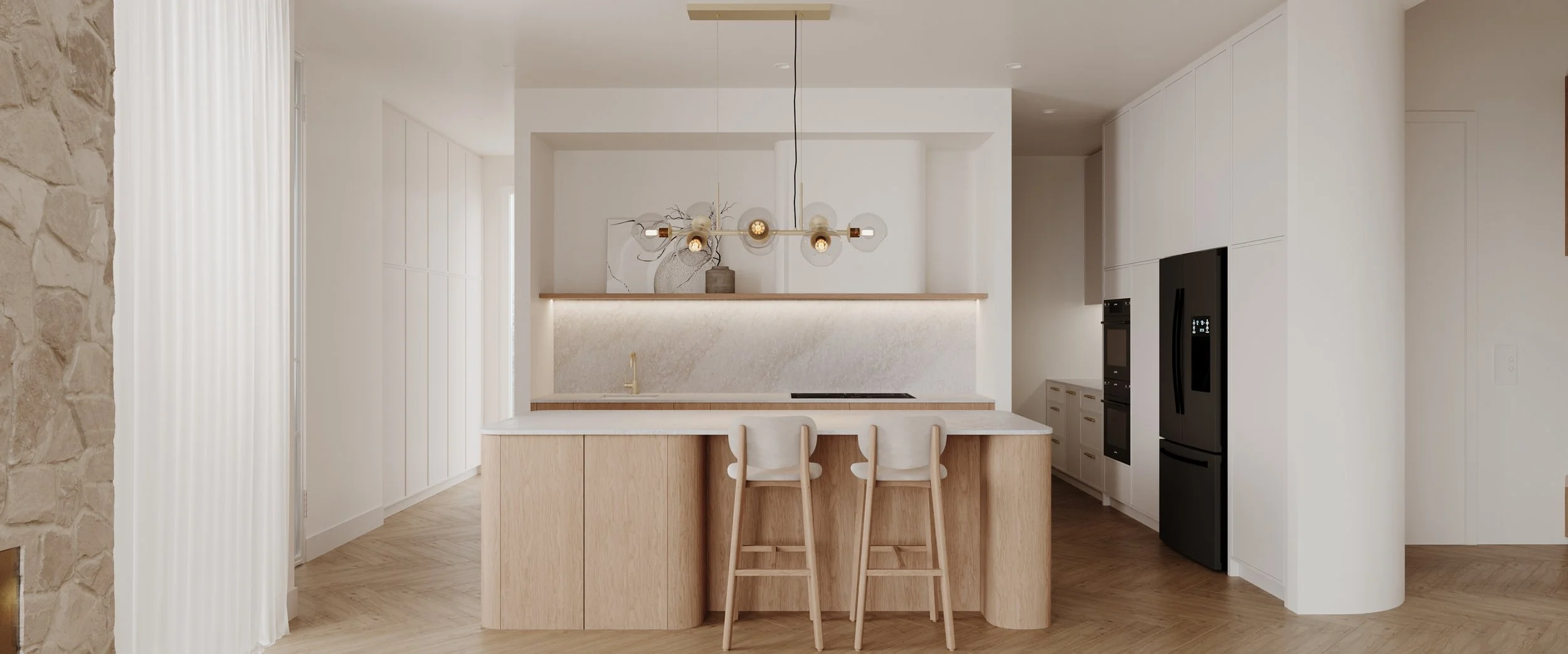Modern kitchen design by Bethany Jane Interior Design with light wood cabinets, white walls, black appliances, island with seating, and a contemporary pendant light.