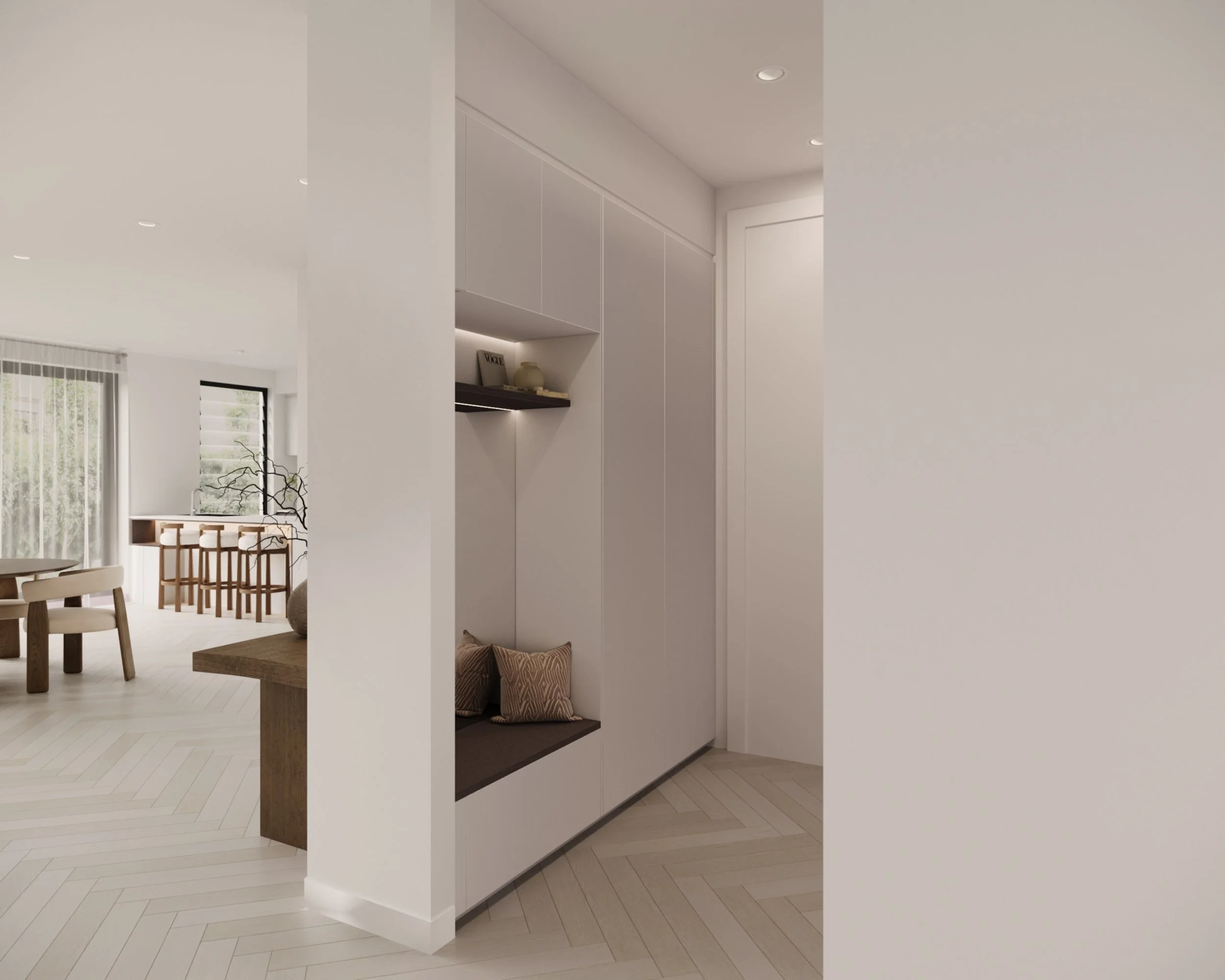 Mudroom cabinetry in white with benchseat