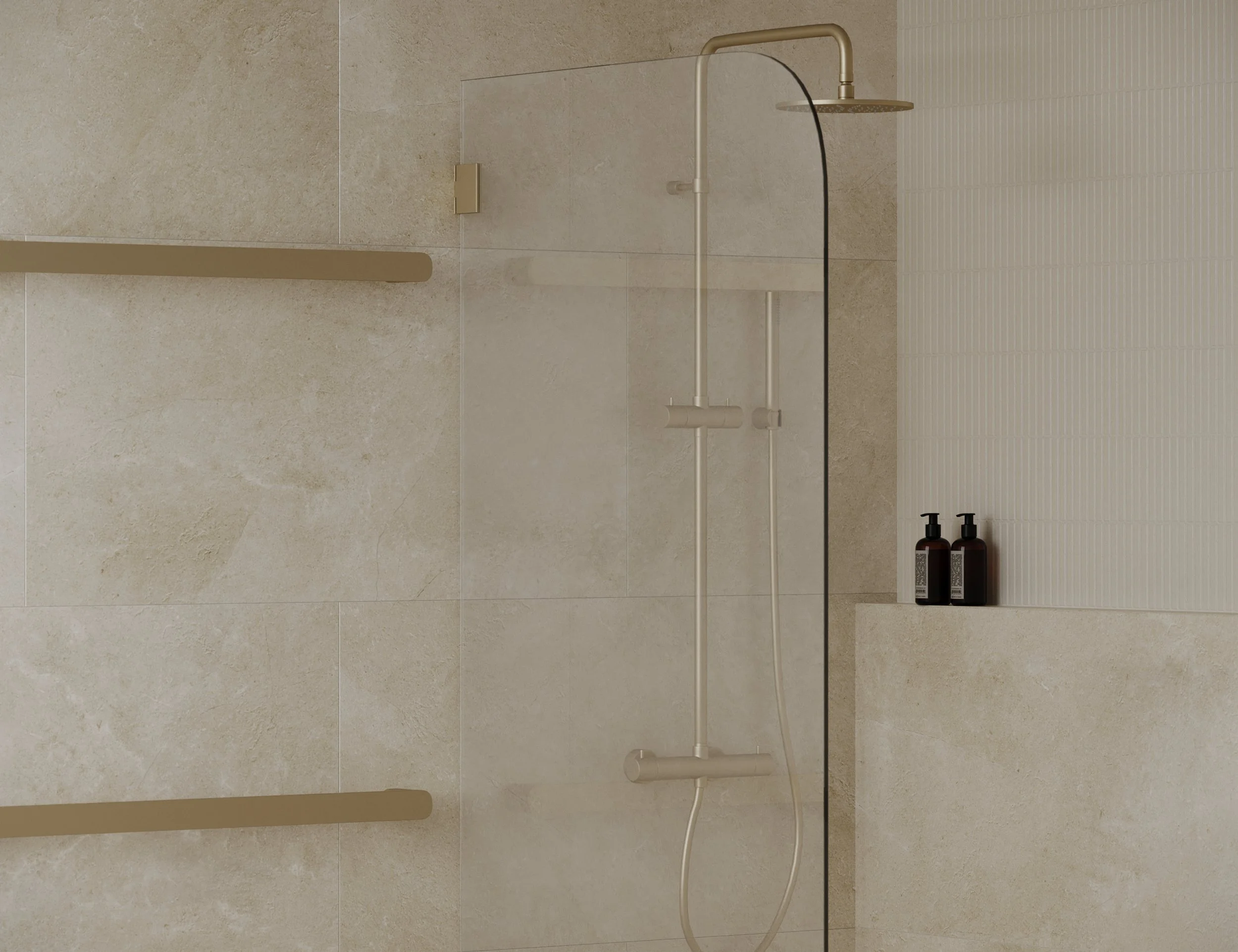 Shower in neutral tones with gold tapware
