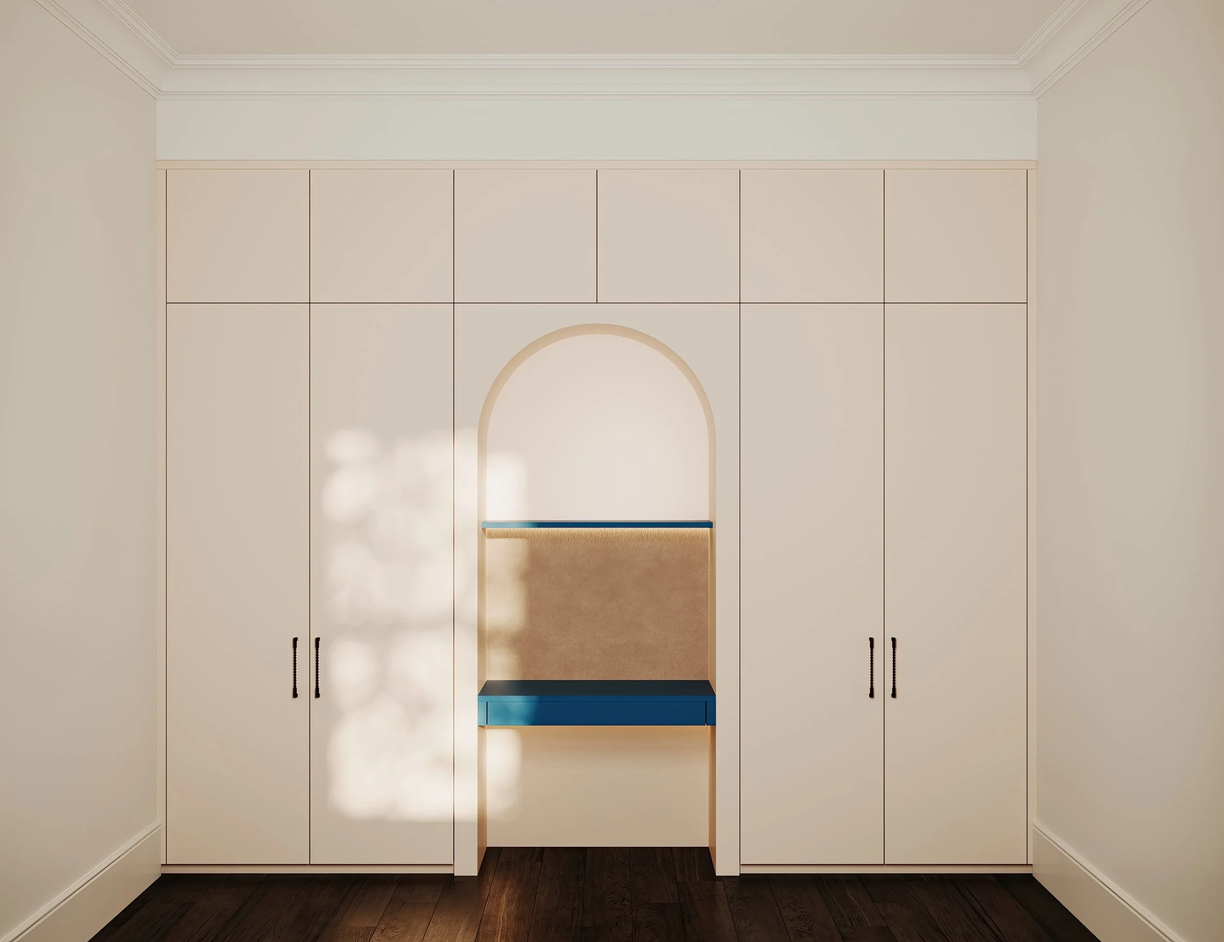 Built in robe in soft pink cabinetry. 