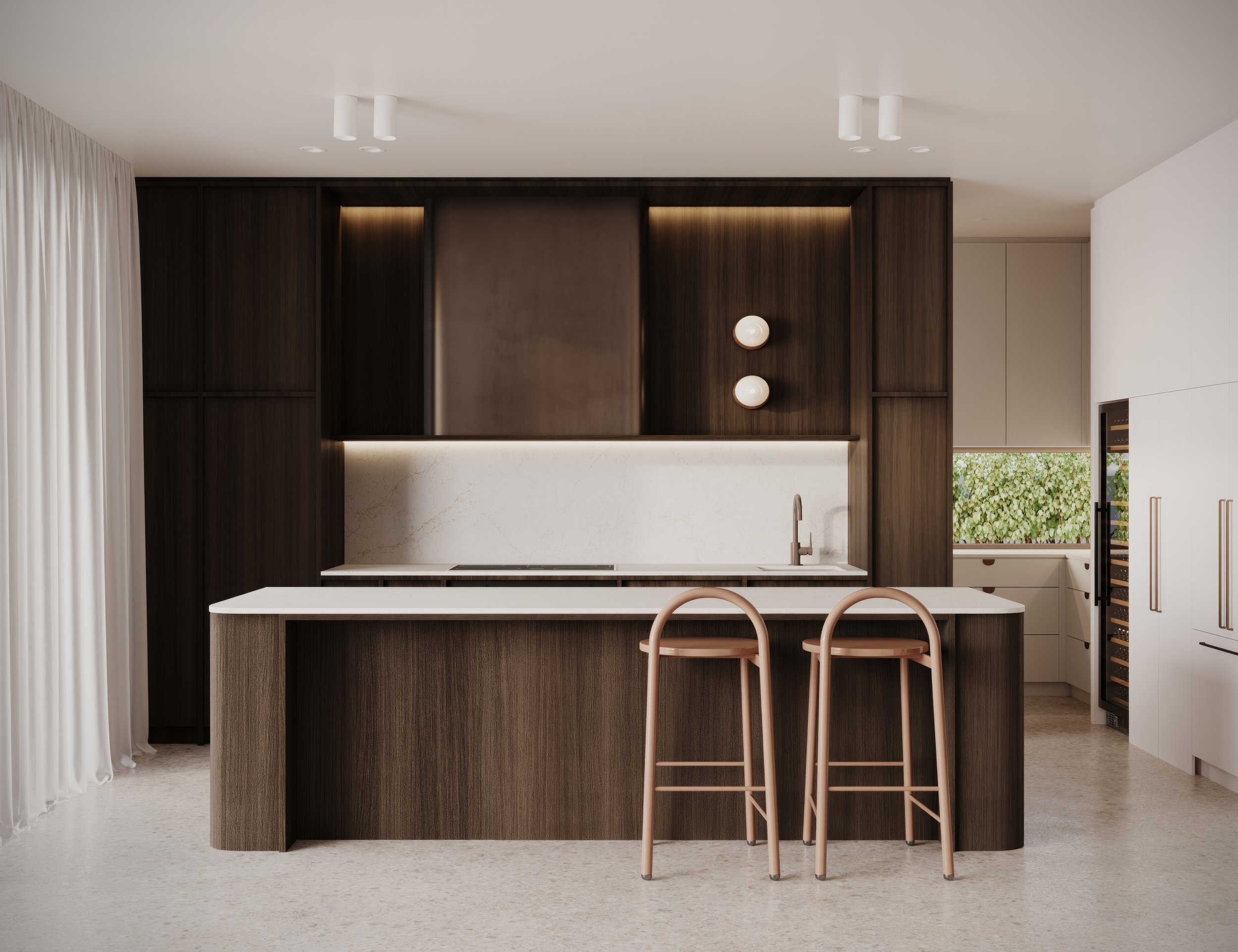 Dark timbergrain kitchen with curves and stone benchtops and feature wall lights