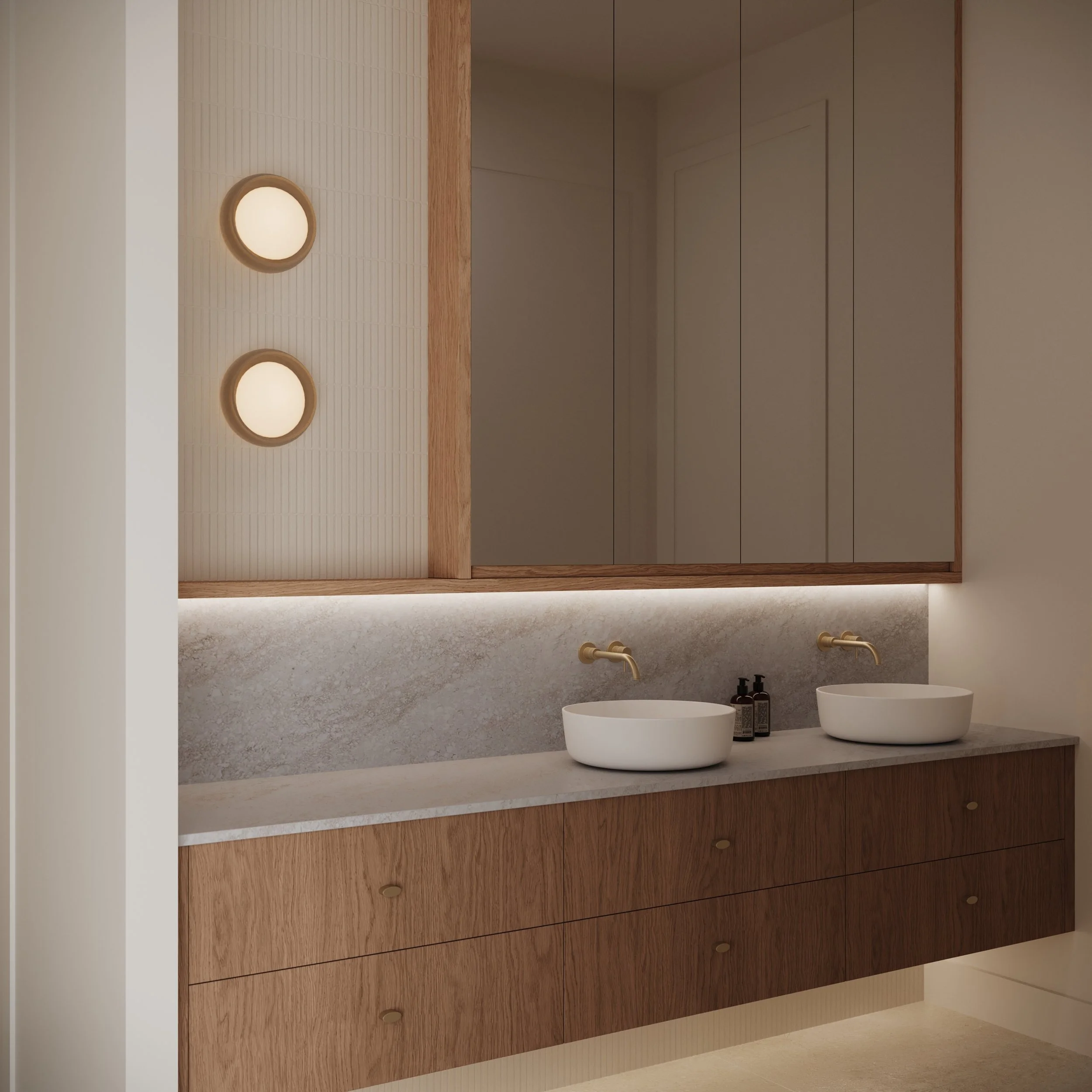 Modern bathroom vanity designed by Bethany Jane Interior Design with two above counter basins, a large mirror, and wooden cabinetry.