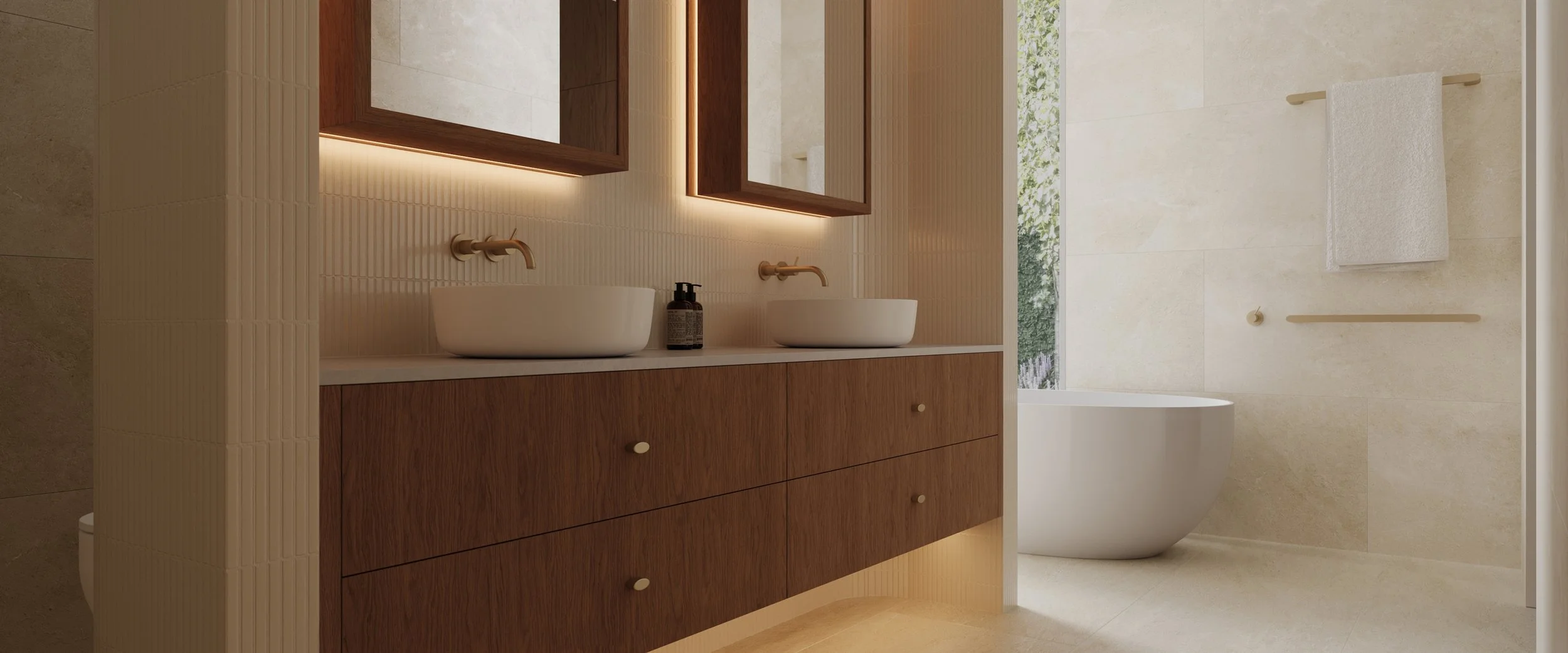 Bathroom vanity in timbergrain cabinetry with stone benchtop and wall lights