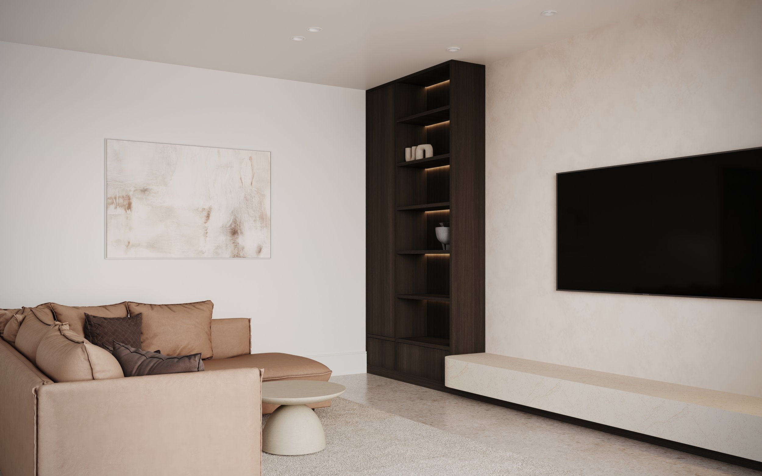 Entertainment unit with stone bench and dark timbergrain cabinetry