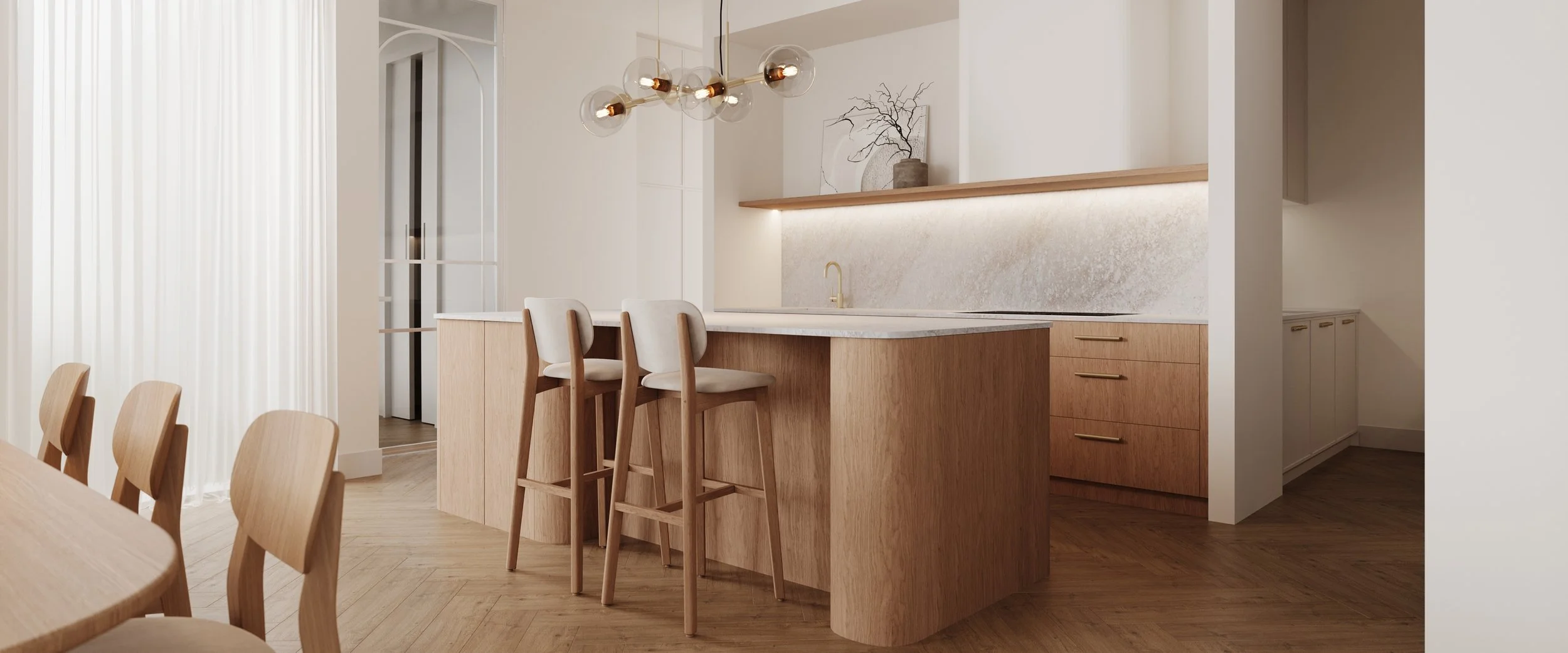 Warm timbergrain kitchen with curves and stone benchtop and feature pendant light
