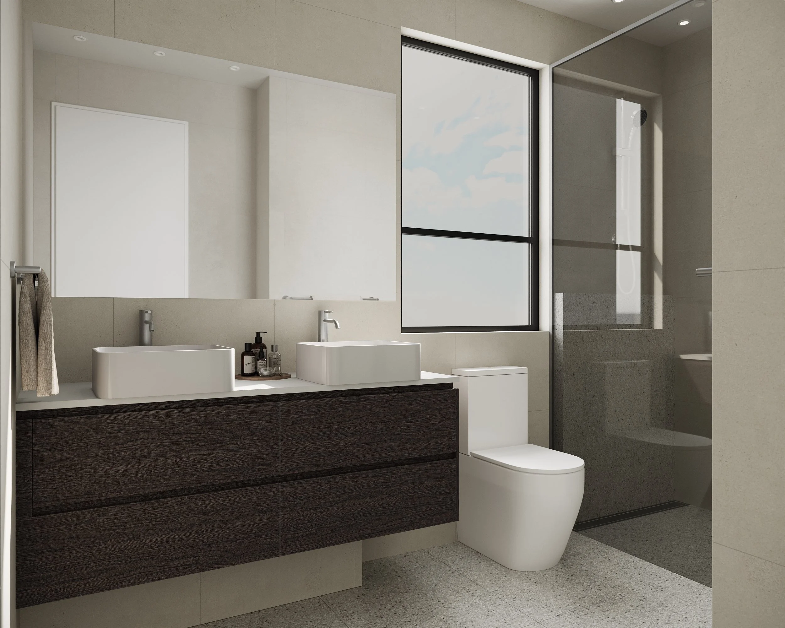 Vanity in dark timbergrain with double basins
