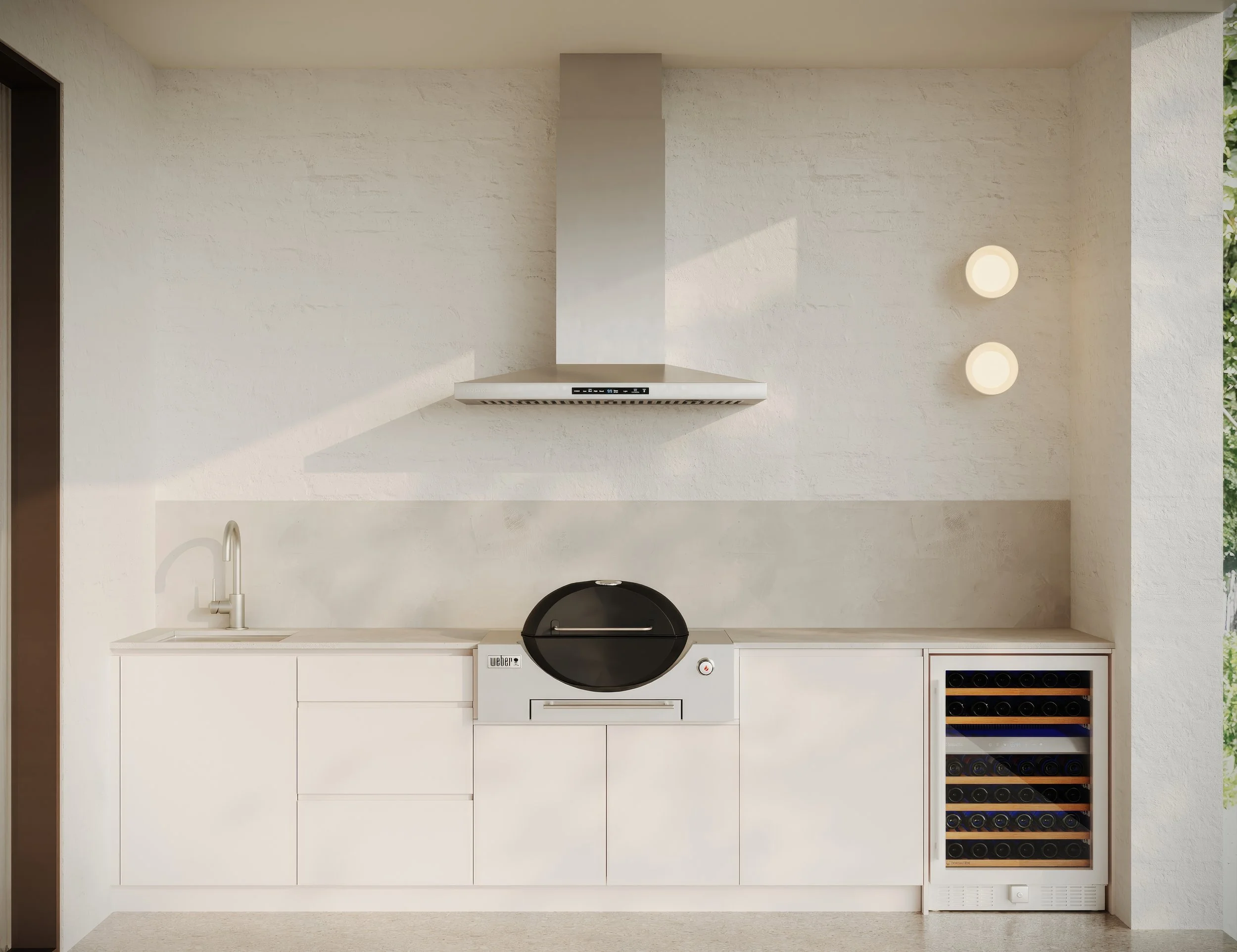 Alfresco with barbeque and wine fridge in warm neutral colour palette