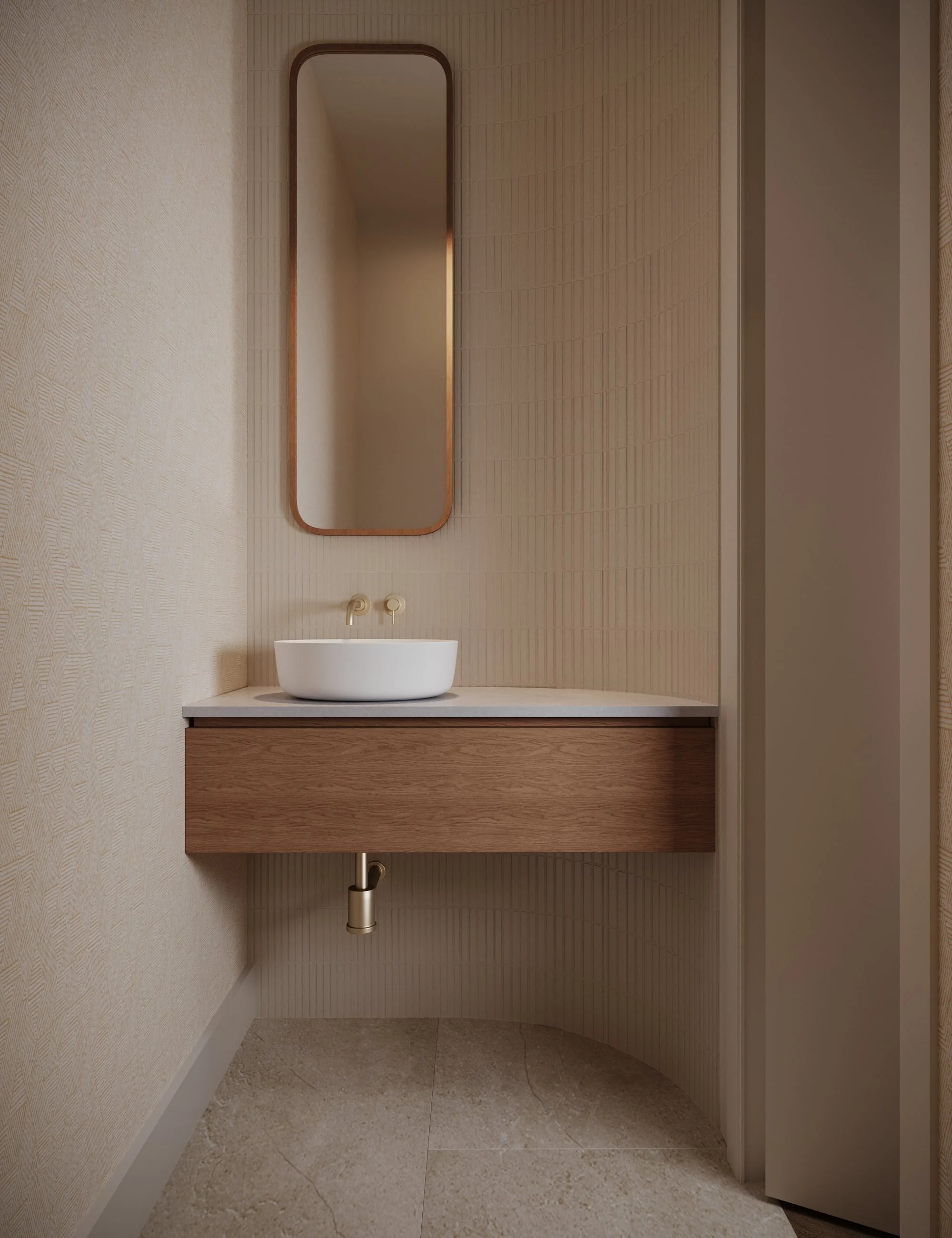 Bathroom vanity in timbergrain cabinetry with stone benchtop