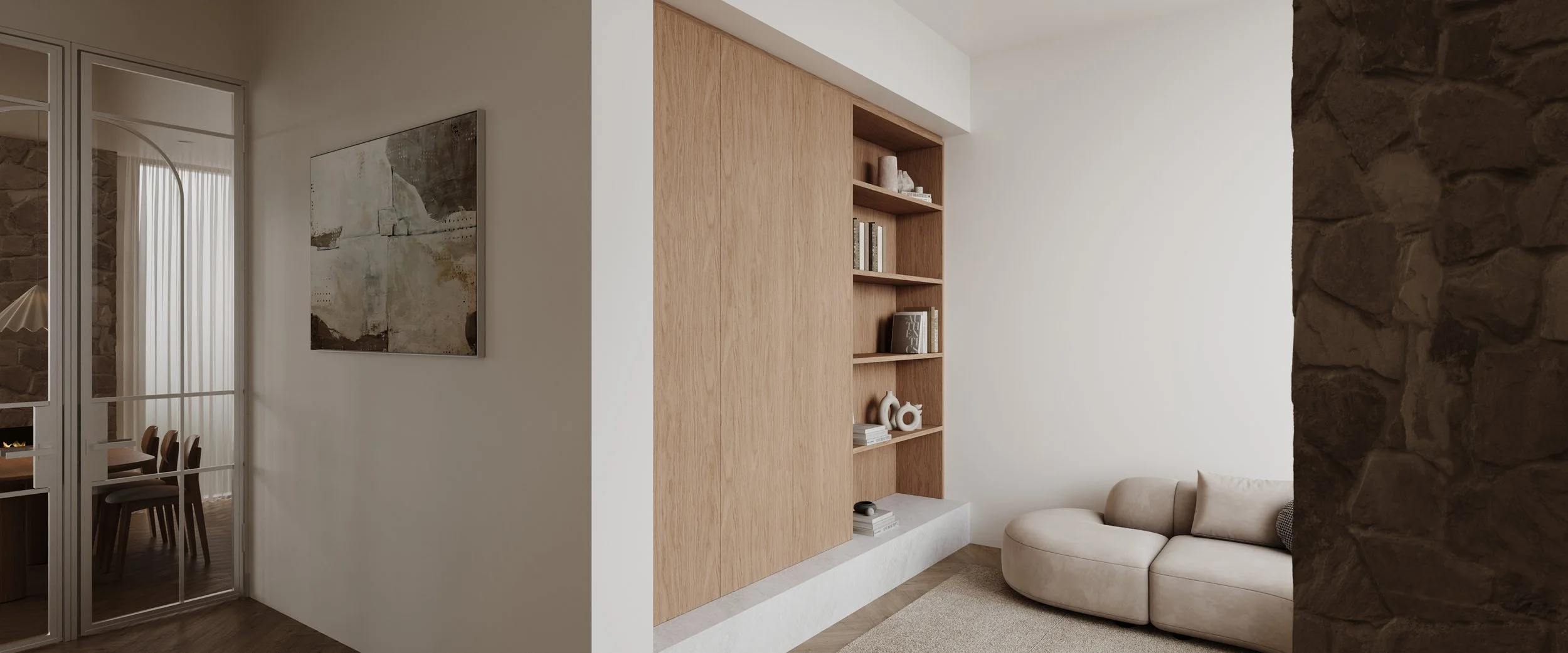 Built in timbergrain storage and open shelving in living room