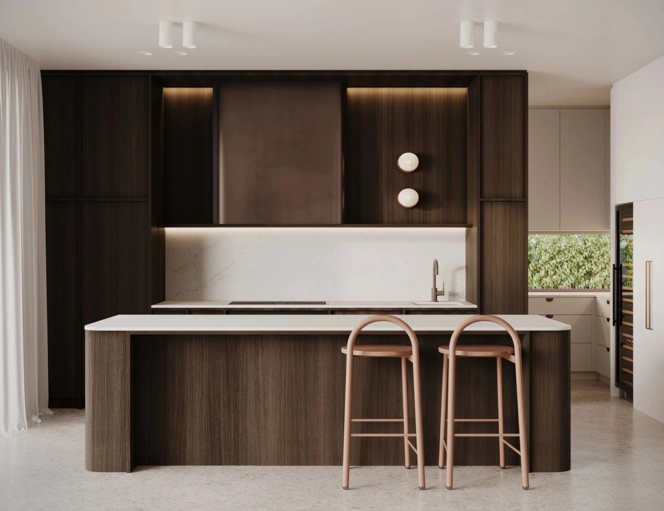 Modern kitchen with dark wood cabinetry designed by Bethany Jane Interior Design, a white stone benchtop with a built-in sink, and two pink bar stools.