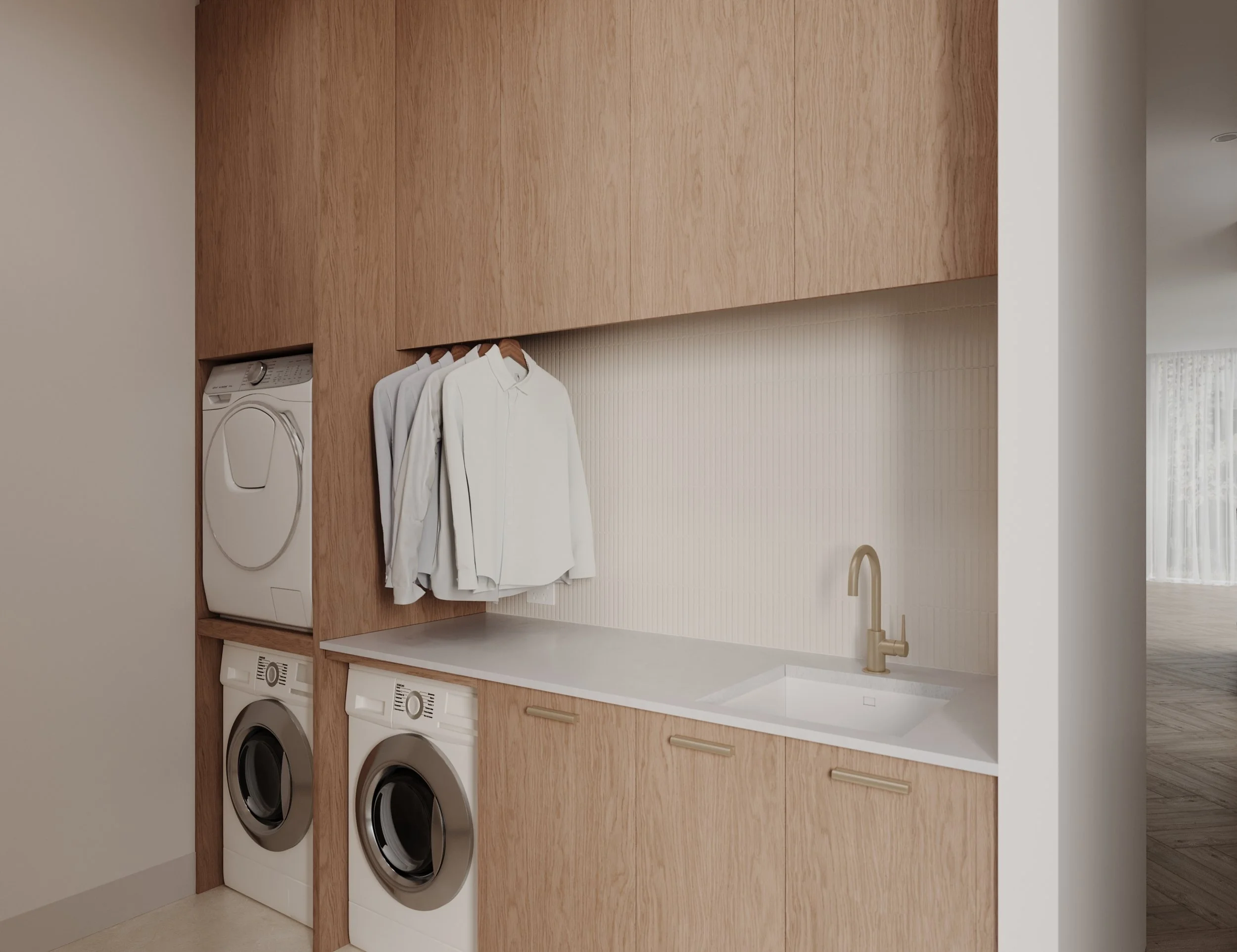 Timbergrain laundry with stone benchtop and hanging rail