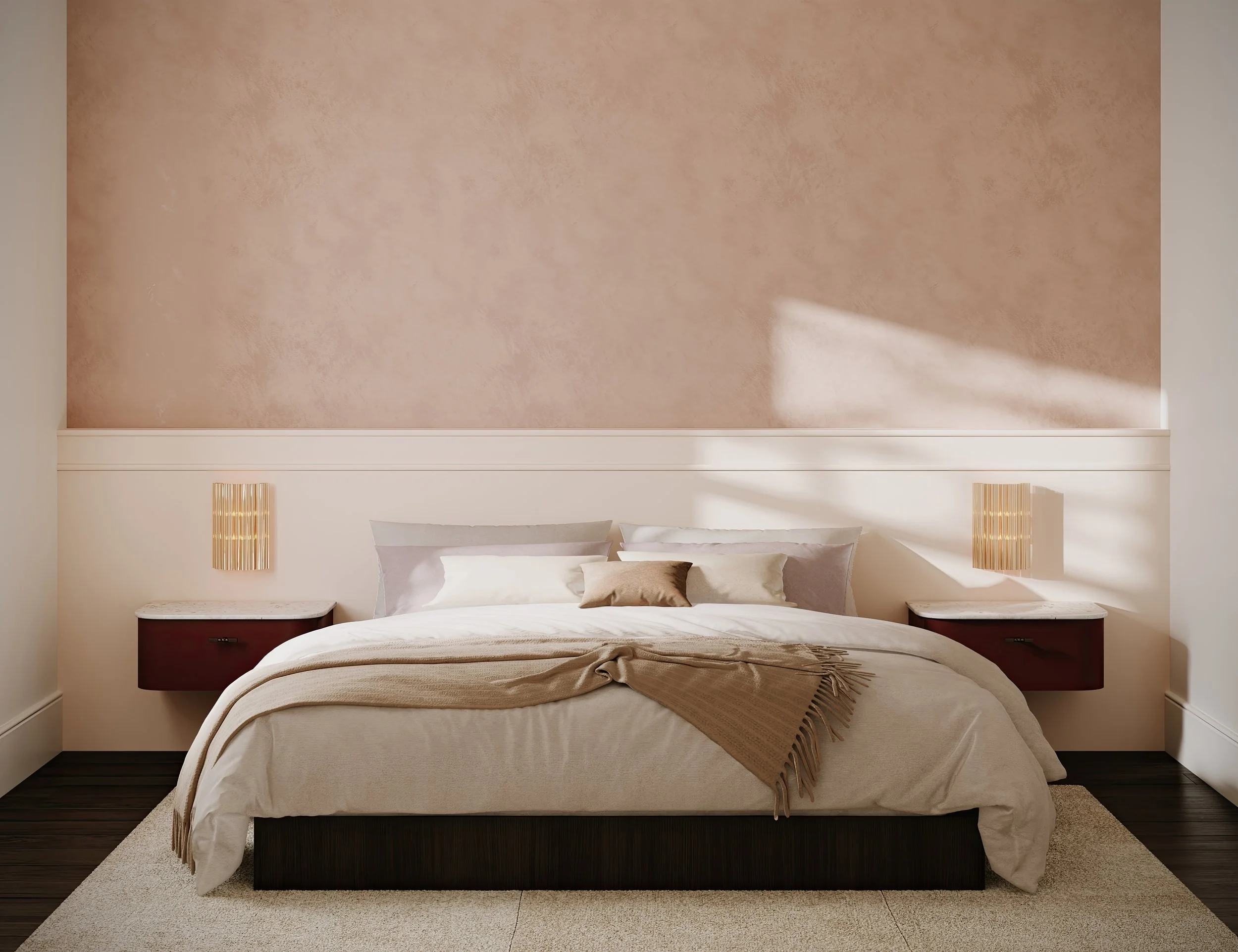Bedroom with kalamata side tables and soft pink textured wall finish